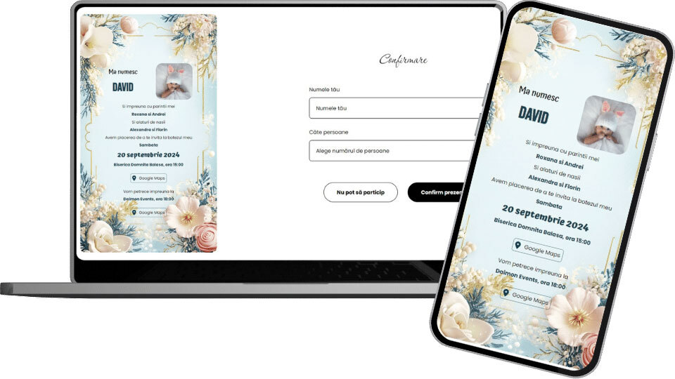 Invitație Botez Digitală "Blue Flowers - Classic"