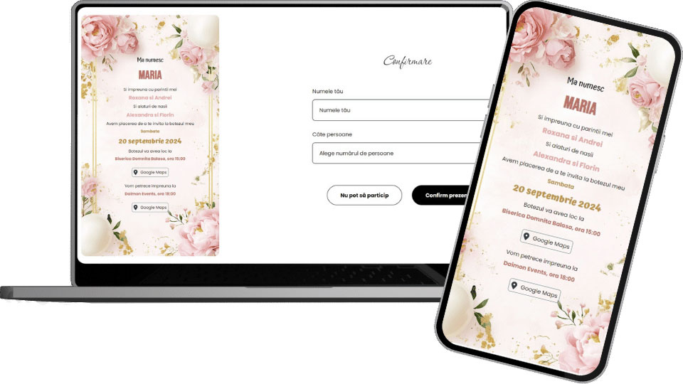 Invitație Botez Digitală "Pearl Pink Flowers - Minimalist"