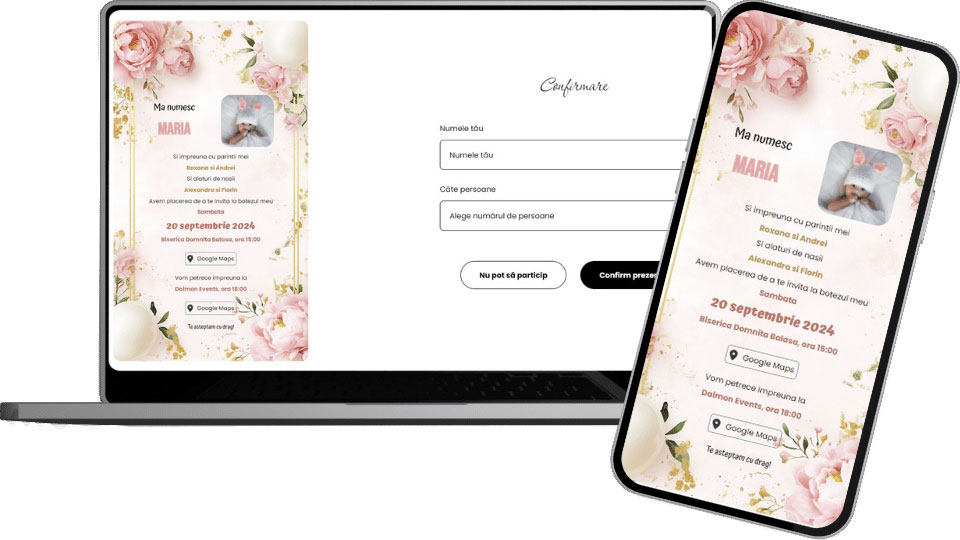 Invitație Botez Digitală "Pearl Pink Flowers - Classic"