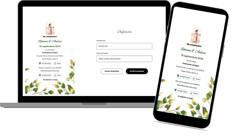 Invitație Nuntă Digitală „Simple green leaves - Countdown”