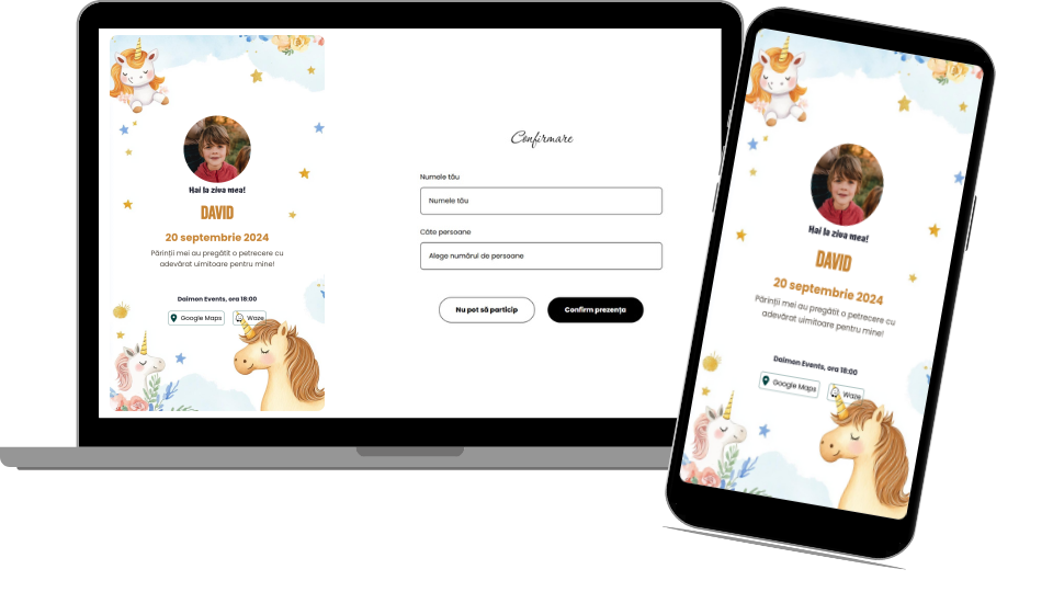 Invitație Aniversare Digitală „Unicorns 1 - Classic”